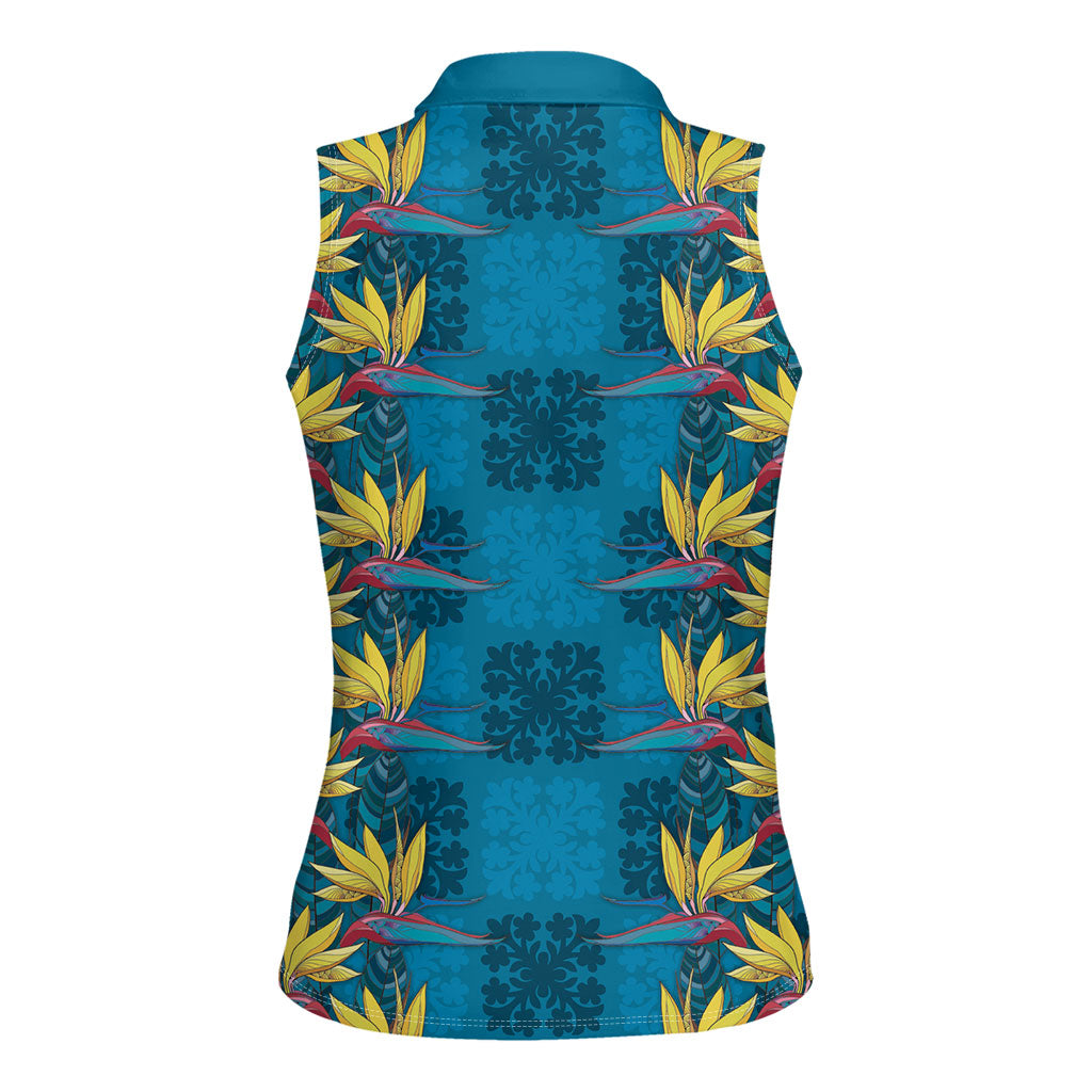 Hawaii Waikiki King Women Sleeveless Polo Shirt Blue Quilt With Pua Manu