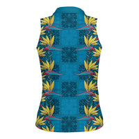 Hawaii Waikiki King Women Sleeveless Polo Shirt Blue Quilt With Pua Manu