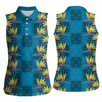 Hawaii Waikiki King Women Sleeveless Polo Shirt Blue Quilt With Pua Manu