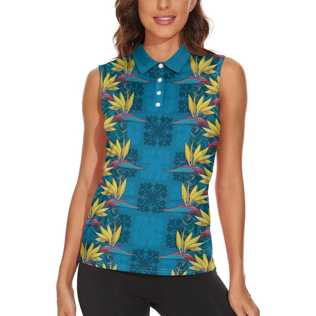 Hawaii Waikiki King Women Sleeveless Polo Shirt Blue Quilt With Pua Manu