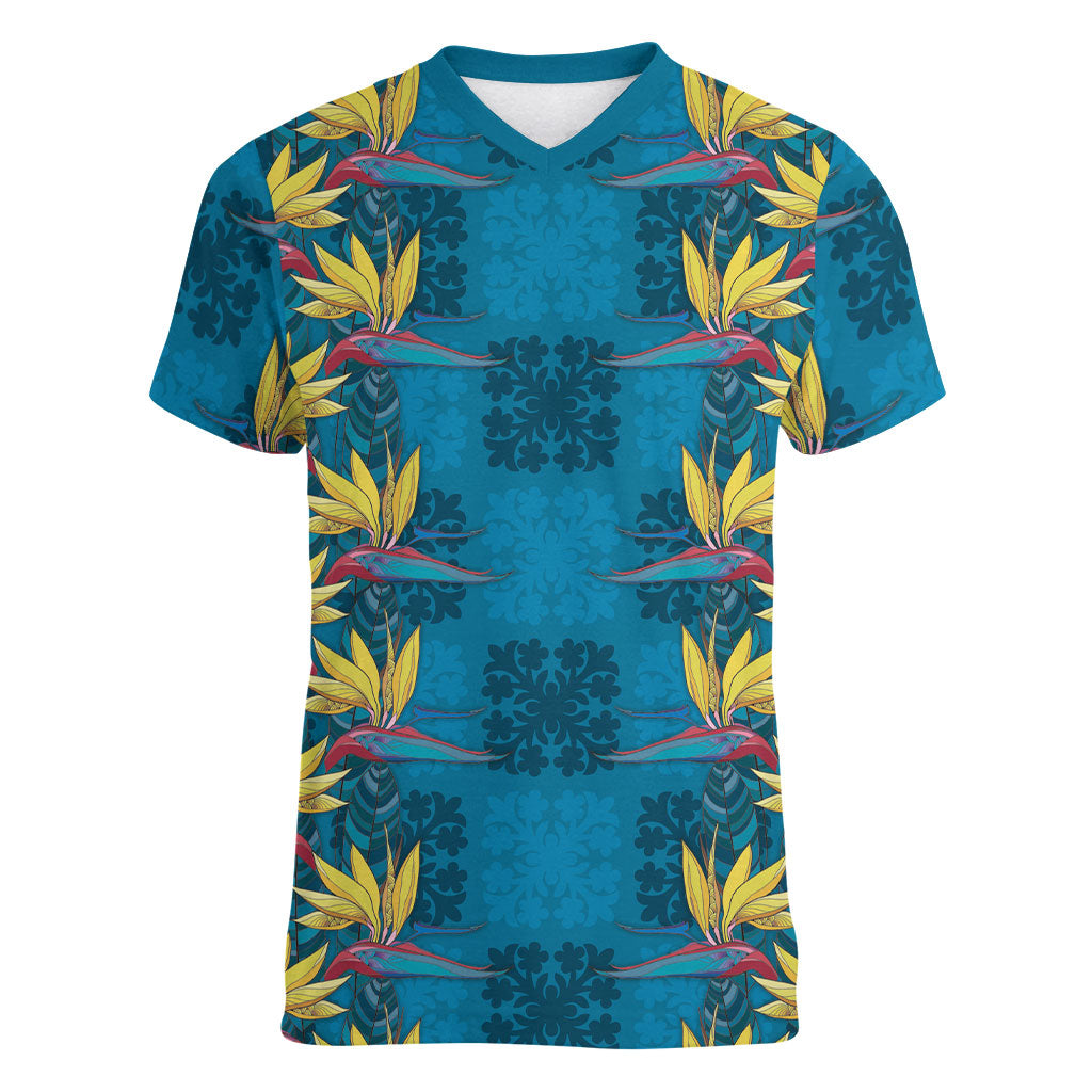 Hawaii Waikiki King Women V-Neck T-Shirt Blue Quilt With Pua Manu
