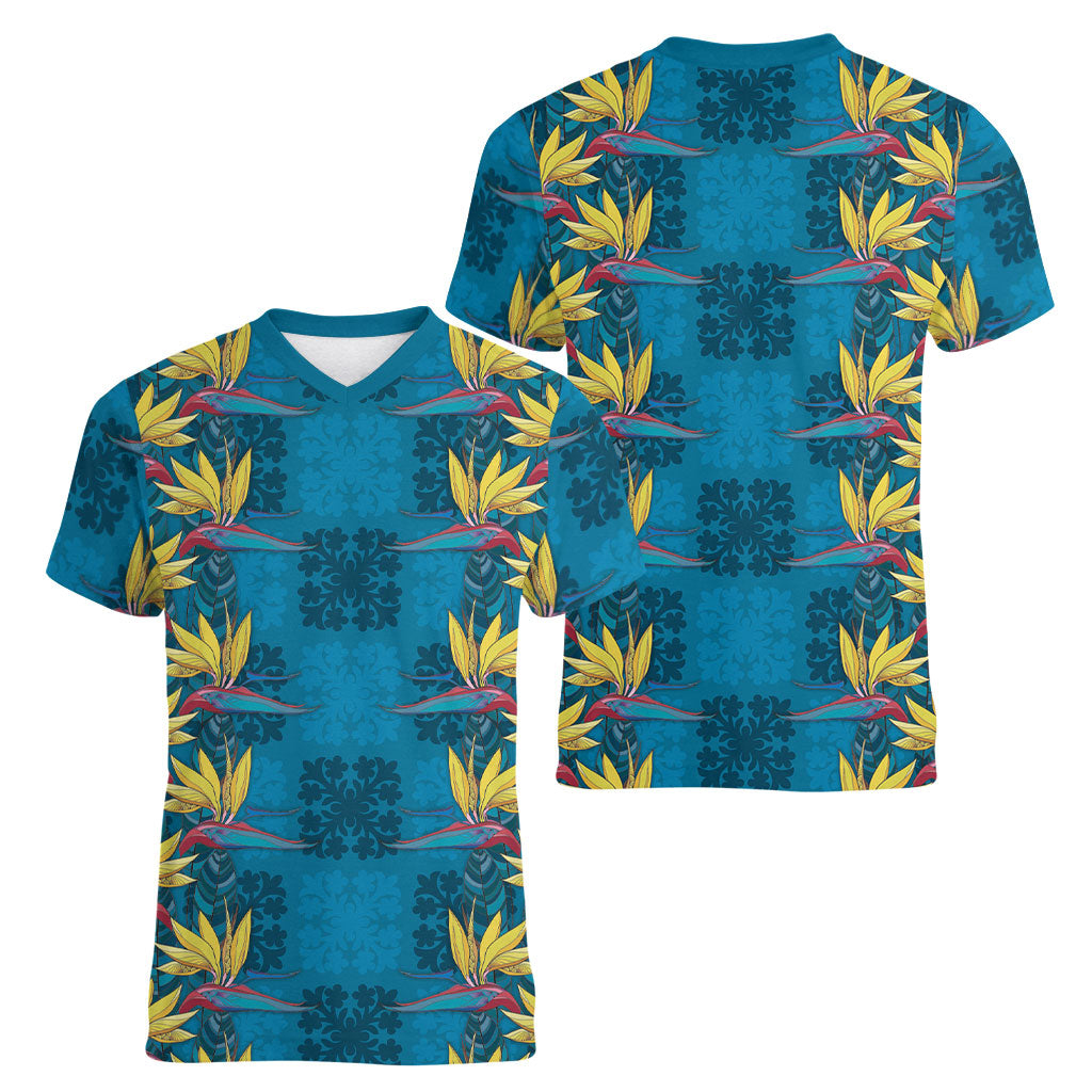 Hawaii Waikiki King Women V-Neck T-Shirt Blue Quilt With Pua Manu