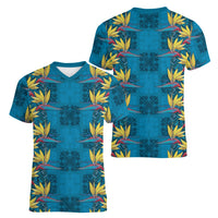 Hawaii Waikiki King Women V-Neck T-Shirt Blue Quilt With Pua Manu