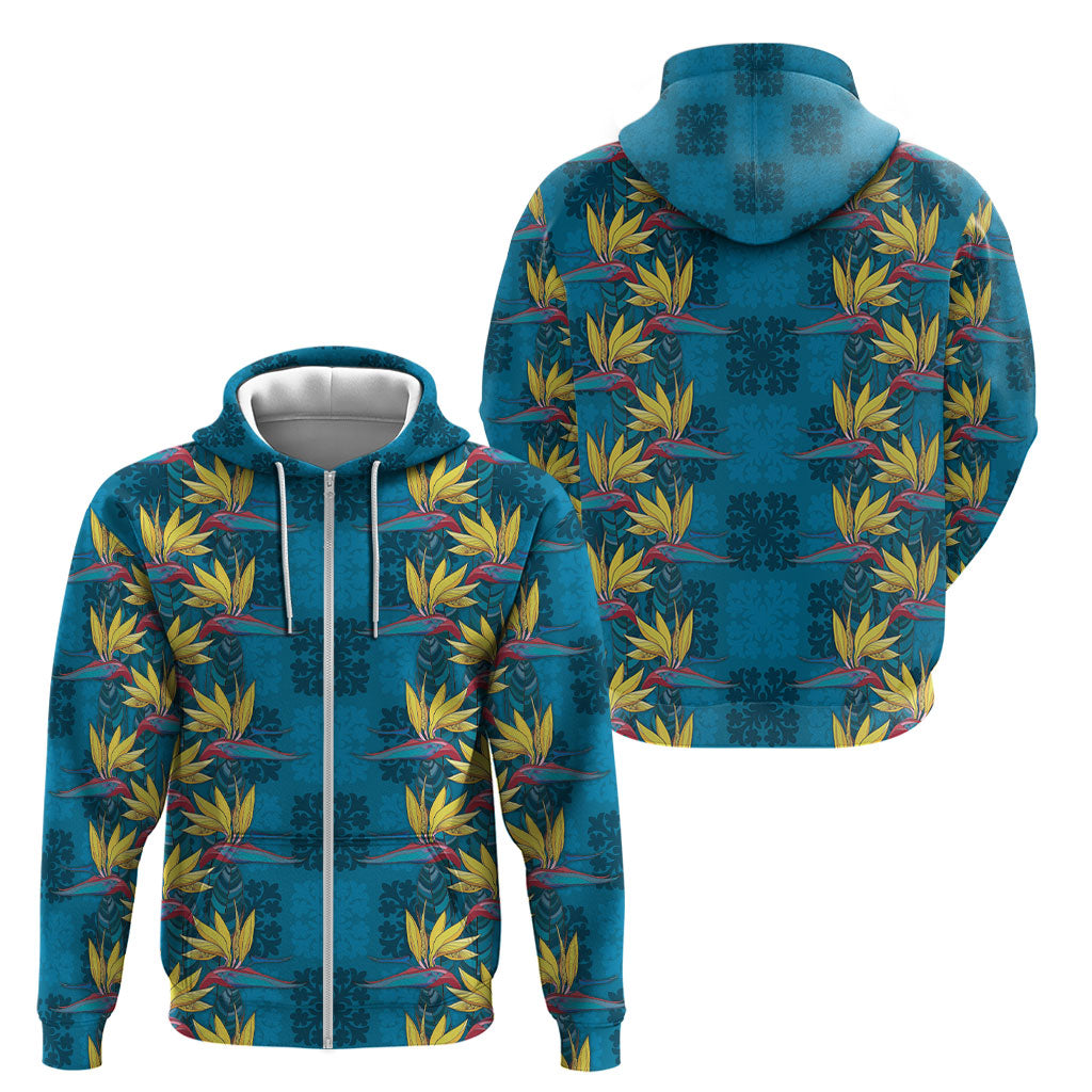 Hawaii Waikiki King Zip Hoodie Blue Quilt With Pua Manu
