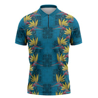 Hawaii Waikiki King Zipper Polo Shirt Blue Quilt With Pua Manu