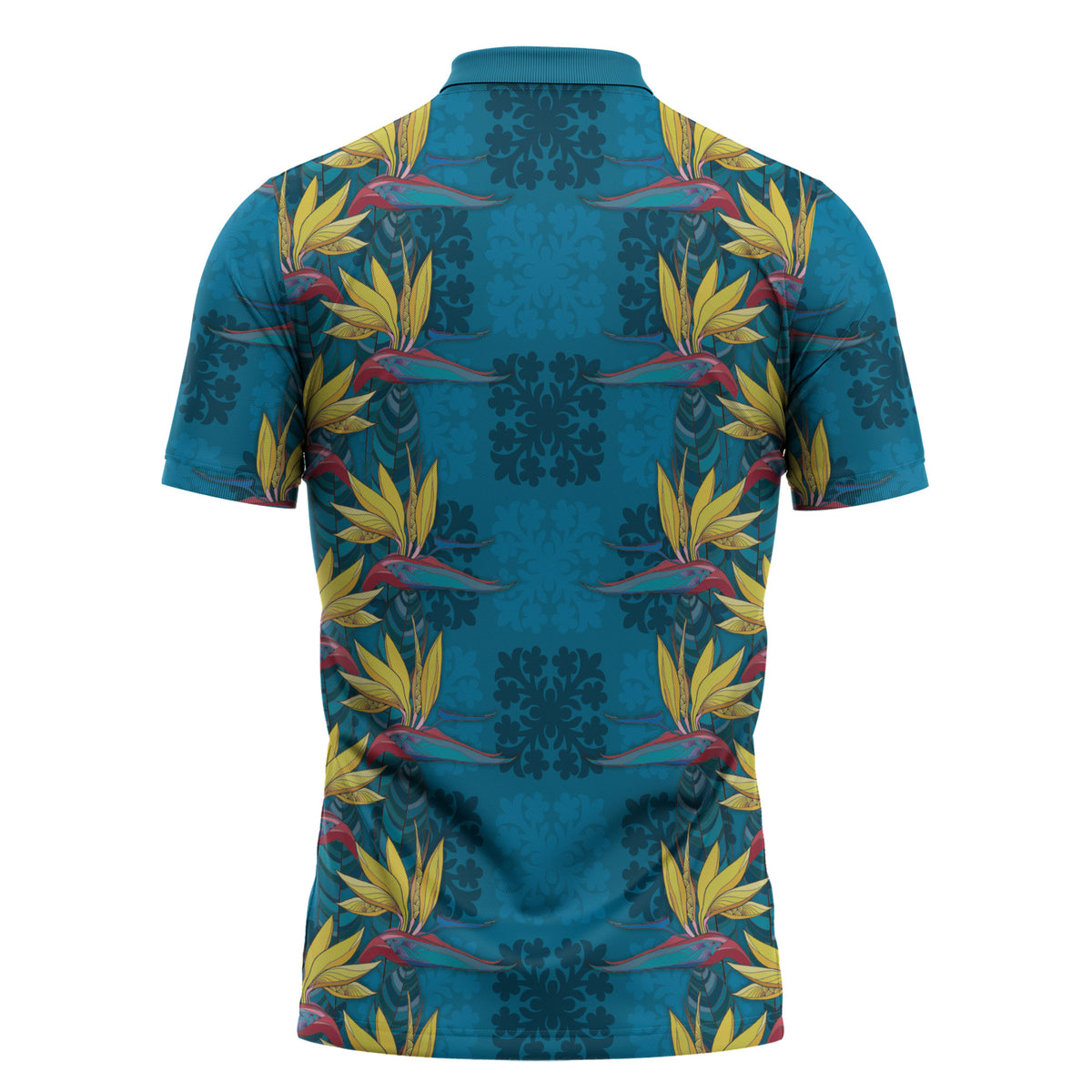 Hawaii Waikiki King Zipper Polo Shirt Blue Quilt With Pua Manu