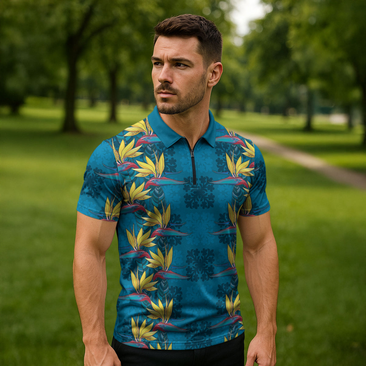 Hawaii Waikiki King Zipper Polo Shirt Blue Quilt With Pua Manu
