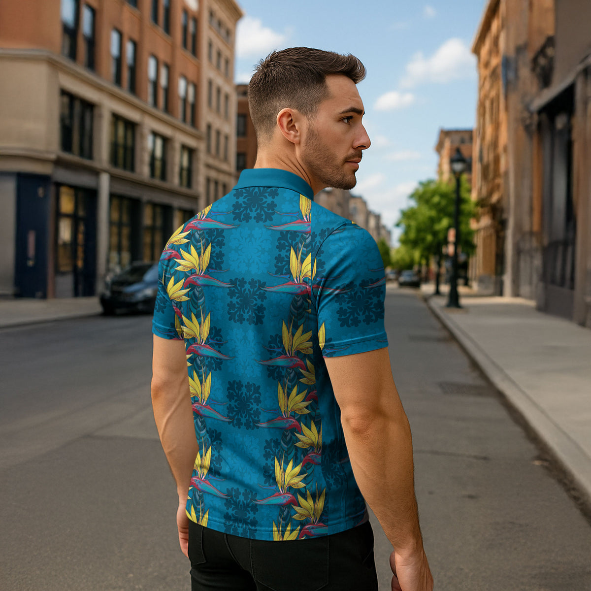 Hawaii Waikiki King Zipper Polo Shirt Blue Quilt With Pua Manu