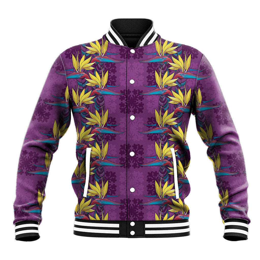 Hawaii Waikiki King Baseball Jacket Purple Quilt With Pua Manu