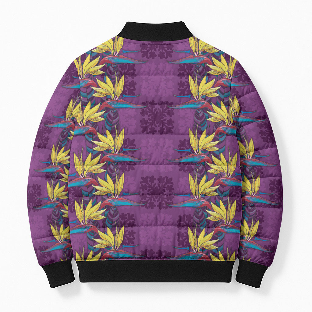 Hawaii Waikiki King Bomber Puffer Jacket Purple Quilt With Pua Manu