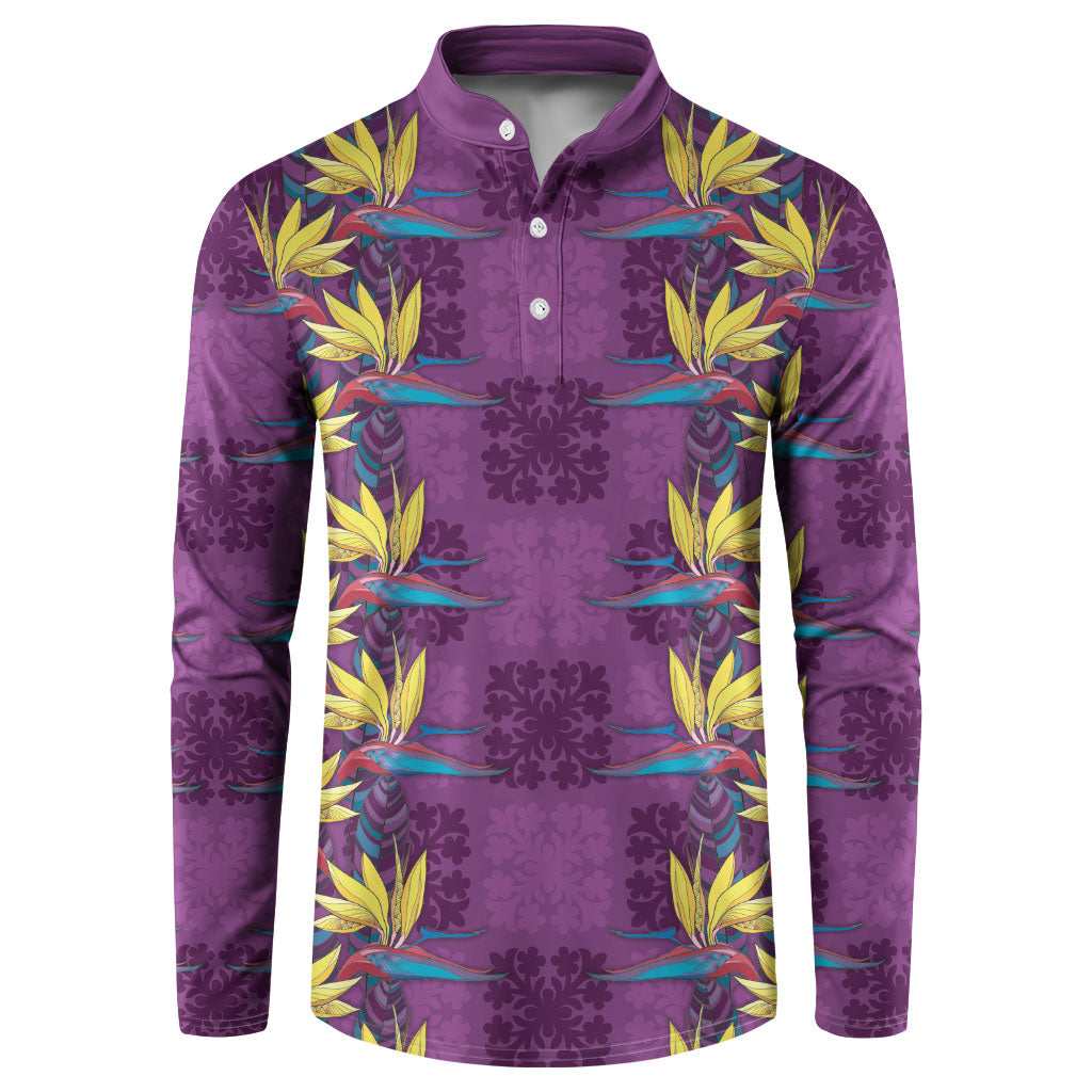Hawaii Waikiki King Button Sweatshirt Purple Quilt With Pua Manu