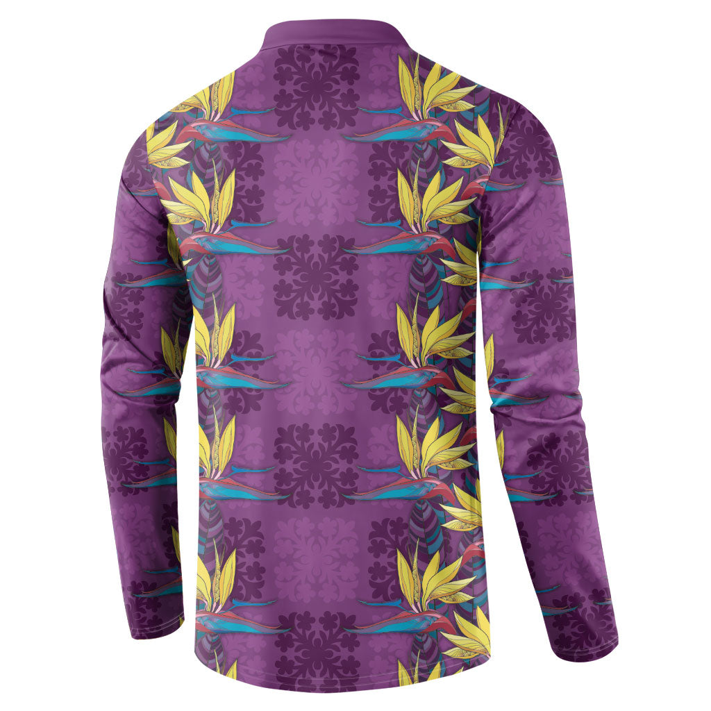Hawaii Waikiki King Button Sweatshirt Purple Quilt With Pua Manu