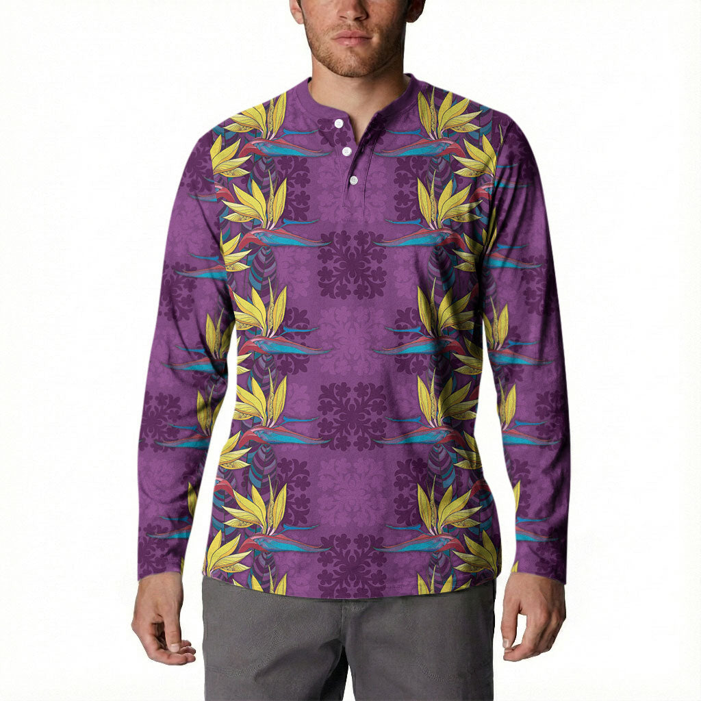 Hawaii Waikiki King Button Sweatshirt Purple Quilt With Pua Manu