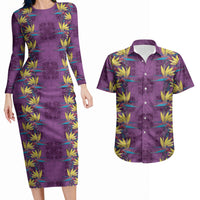 Hawaii Waikiki King Couples Matching Long Sleeve Bodycon Dress and Hawaiian Shirt Purple Quilt With Pua Manu