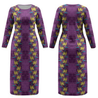 Hawaii Waikiki King Couples Matching Long Sleeve Bodycon Dress and Hawaiian Shirt Purple Quilt With Pua Manu