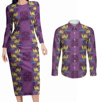 Hawaii Waikiki King Couples Matching Long Sleeve Bodycon Dress and Long Sleeve Button Shirt Purple Quilt With Pua Manu
