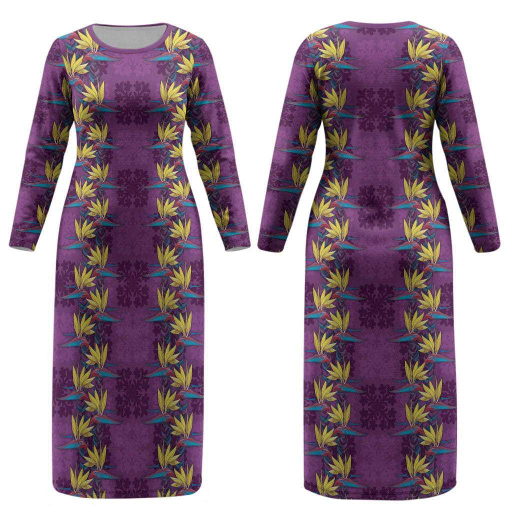 Hawaii Waikiki King Couples Matching Long Sleeve Bodycon Dress and Long Sleeve Button Shirt Purple Quilt With Pua Manu