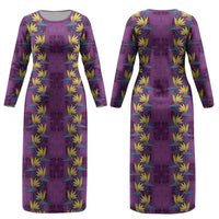 Hawaii Waikiki King Couples Matching Long Sleeve Bodycon Dress and Long Sleeve Button Shirt Purple Quilt With Pua Manu