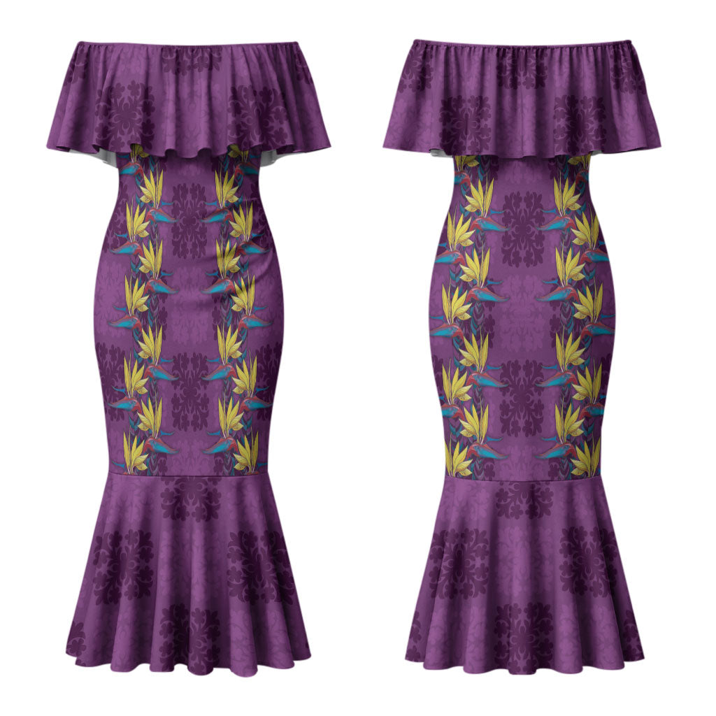 Hawaii Waikiki King Couples Matching Mermaid Dress and Long Sleeve Button Shirt Purple Quilt With Pua Manu