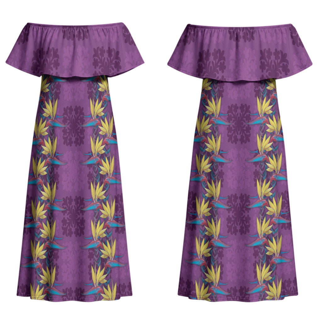 Hawaii Waikiki King Couples Matching Off Shoulder Maxi Dress and Hawaiian Shirt Purple Quilt With Pua Manu
