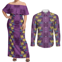 Hawaii Waikiki King Couples Matching Off Shoulder Maxi Dress and Long Sleeve Button Shirt Purple Quilt With Pua Manu