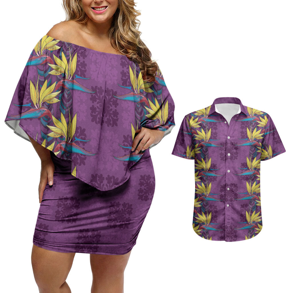 Hawaii Waikiki King Couples Matching Off Shoulder Short Dress and Hawaiian Shirt Purple Quilt With Pua Manu