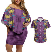Hawaii Waikiki King Couples Matching Off Shoulder Short Dress and Hawaiian Shirt Purple Quilt With Pua Manu