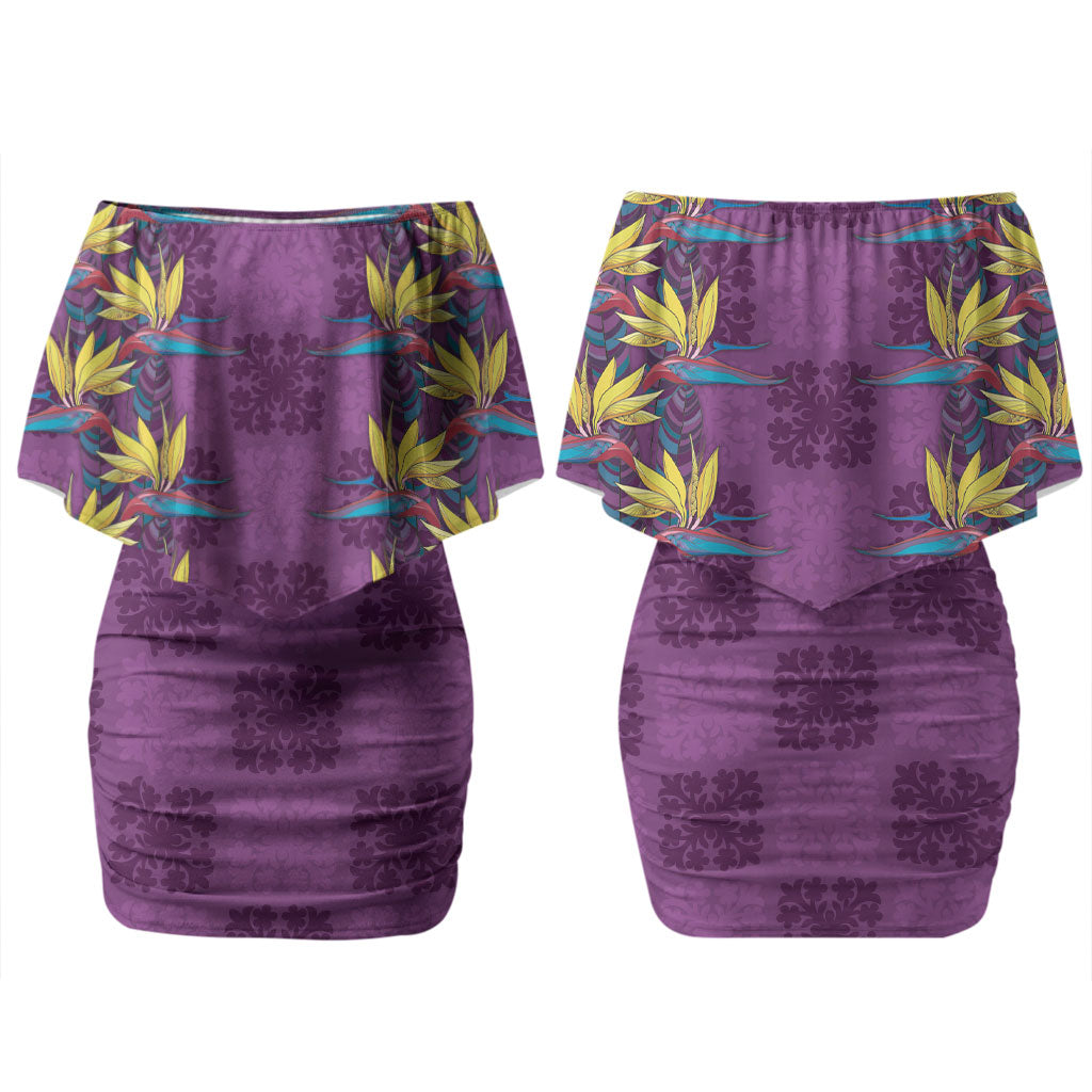 Hawaii Waikiki King Couples Matching Off Shoulder Short Dress and Hawaiian Shirt Purple Quilt With Pua Manu