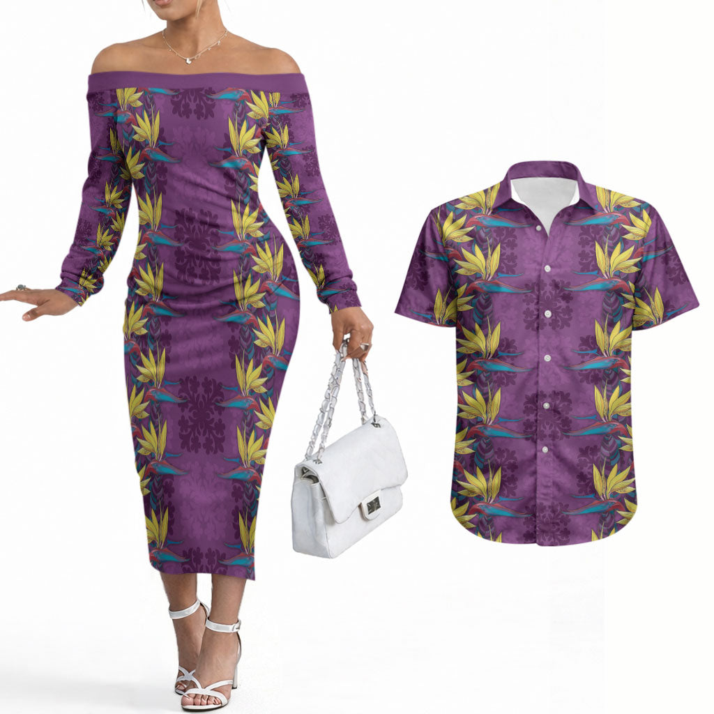 Hawaii Waikiki King Couples Matching Off The Shoulder Long Sleeve Dress and Hawaiian Shirt Purple Quilt With Pua Manu