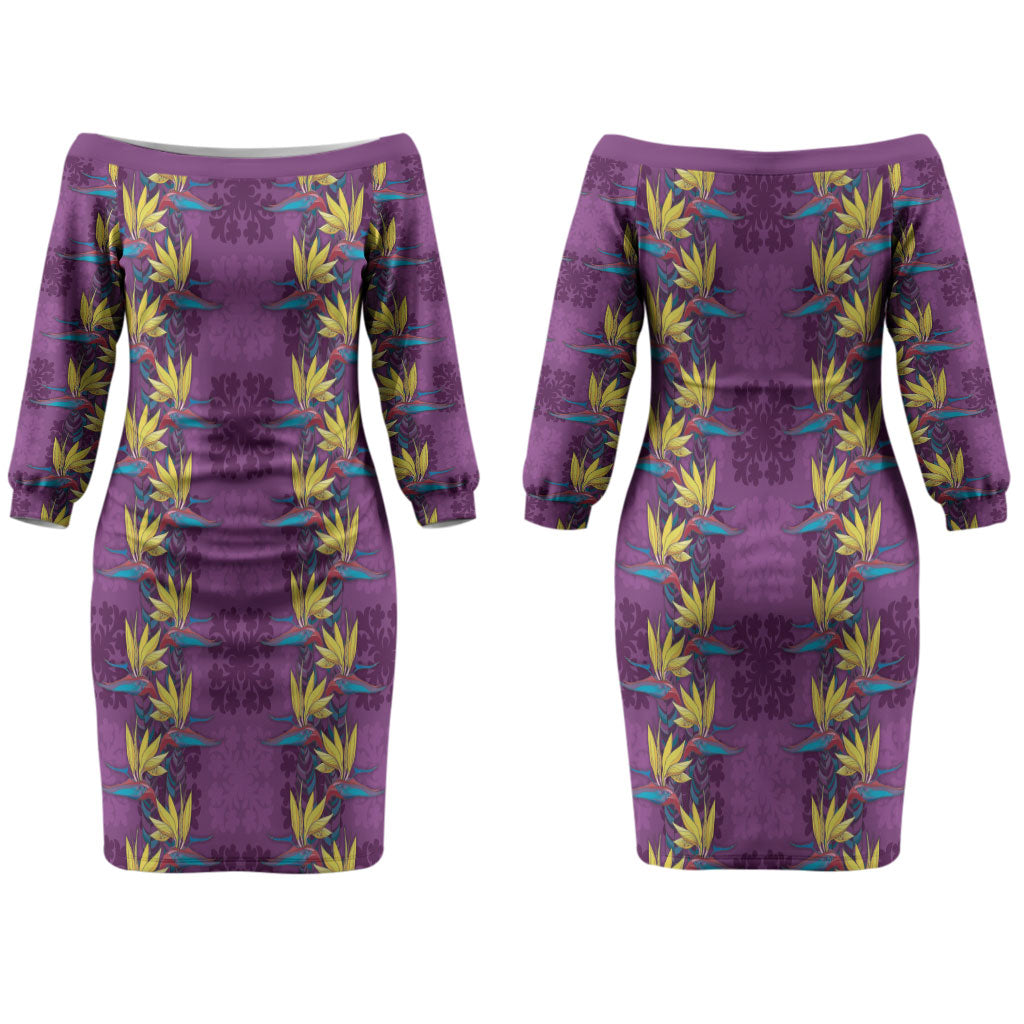 Hawaii Waikiki King Couples Matching Off The Shoulder Long Sleeve Dress and Long Sleeve Button Shirt Purple Quilt With Pua Manu