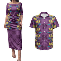 Hawaii Waikiki King Couples Matching Puletasi and Hawaiian Shirt Purple Quilt With Pua Manu