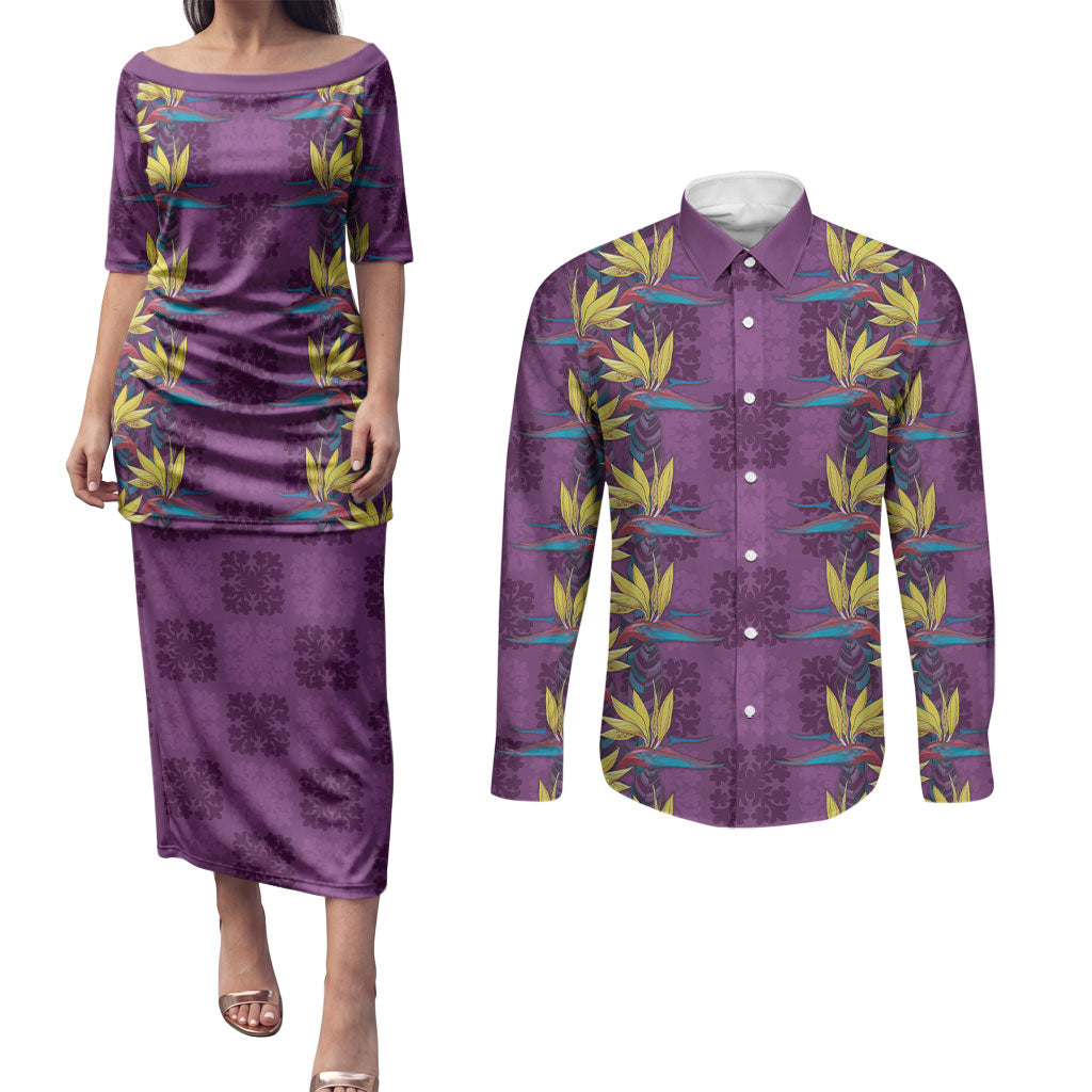 Hawaii Waikiki King Couples Matching Puletasi and Long Sleeve Button Shirt Purple Quilt With Pua Manu