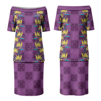 Hawaii Waikiki King Couples Matching Puletasi and Long Sleeve Button Shirt Purple Quilt With Pua Manu