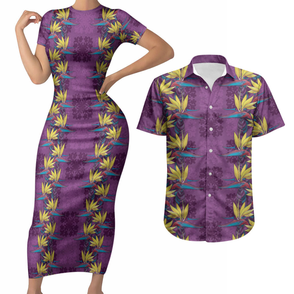 Hawaii Waikiki King Couples Matching Short Sleeve Bodycon Dress and Hawaiian Shirt Purple Quilt With Pua Manu