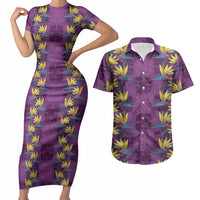 Hawaii Waikiki King Couples Matching Short Sleeve Bodycon Dress and Hawaiian Shirt Purple Quilt With Pua Manu