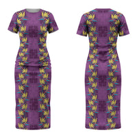 Hawaii Waikiki King Couples Matching Short Sleeve Bodycon Dress and Hawaiian Shirt Purple Quilt With Pua Manu