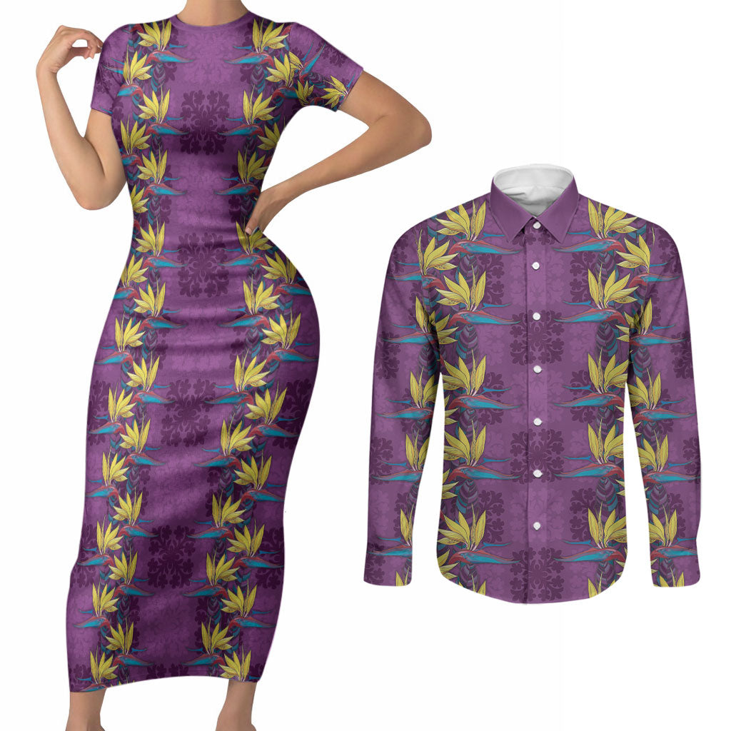Hawaii Waikiki King Couples Matching Short Sleeve Bodycon Dress and Long Sleeve Button Shirt Purple Quilt With Pua Manu