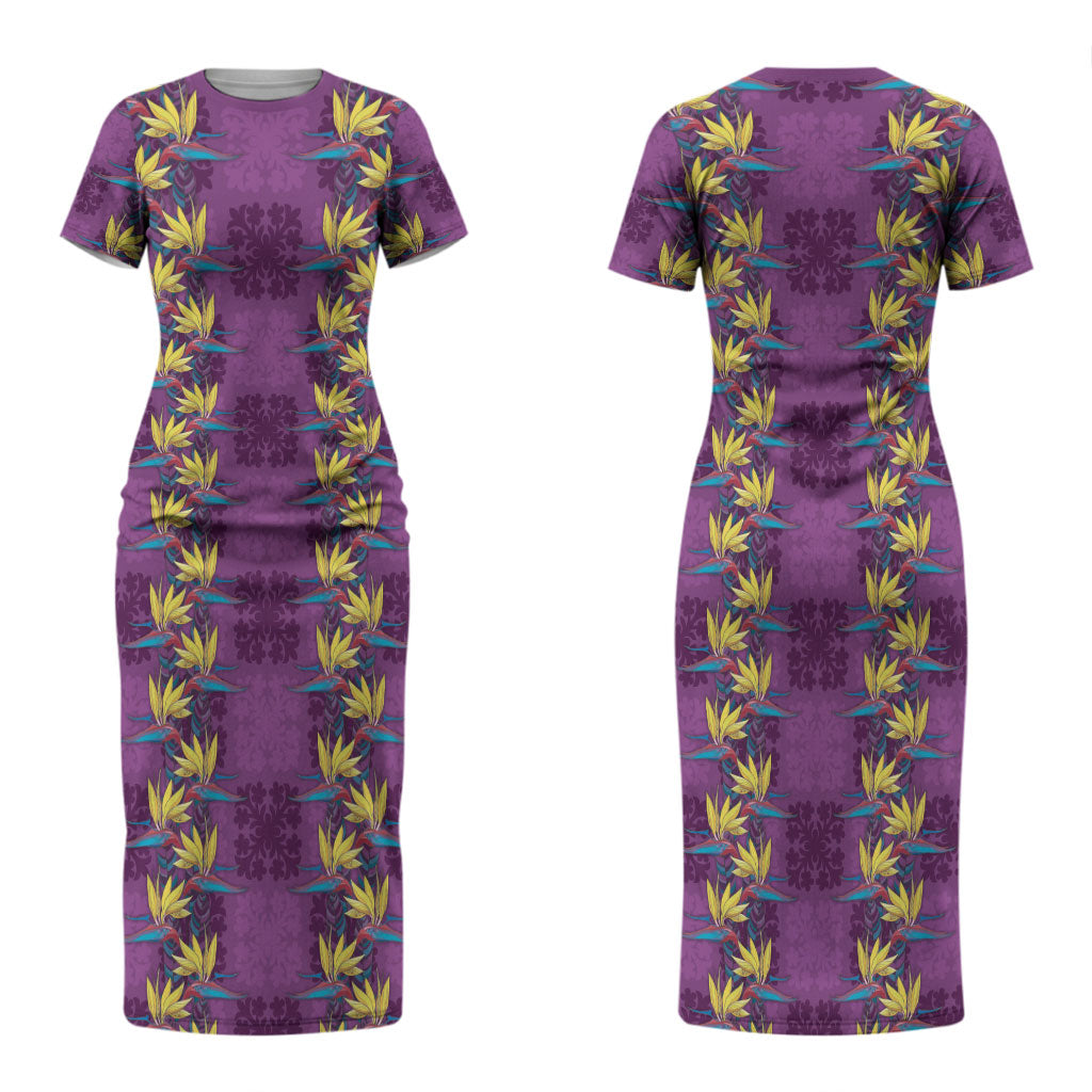 Hawaii Waikiki King Couples Matching Short Sleeve Bodycon Dress and Long Sleeve Button Shirt Purple Quilt With Pua Manu