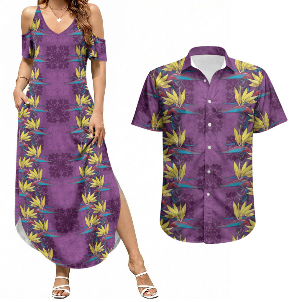 Hawaii Waikiki King Couples Matching Summer Maxi Dress and Hawaiian Shirt Purple Quilt With Pua Manu