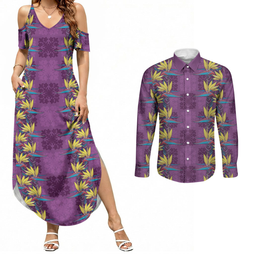 Hawaii Waikiki King Couples Matching Summer Maxi Dress and Long Sleeve Button Shirt Purple Quilt With Pua Manu