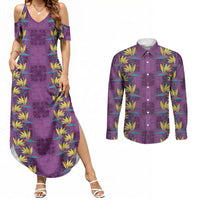 Hawaii Waikiki King Couples Matching Summer Maxi Dress and Long Sleeve Button Shirt Purple Quilt With Pua Manu