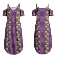 Hawaii Waikiki King Couples Matching Summer Maxi Dress and Long Sleeve Button Shirt Purple Quilt With Pua Manu