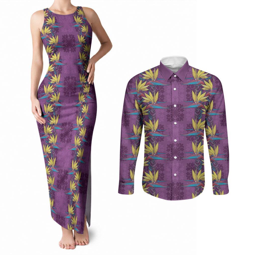Hawaii Waikiki King Couples Matching Tank Maxi Dress and Long Sleeve Button Shirt Purple Quilt With Pua Manu