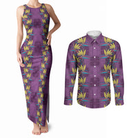 Hawaii Waikiki King Couples Matching Tank Maxi Dress and Long Sleeve Button Shirt Purple Quilt With Pua Manu