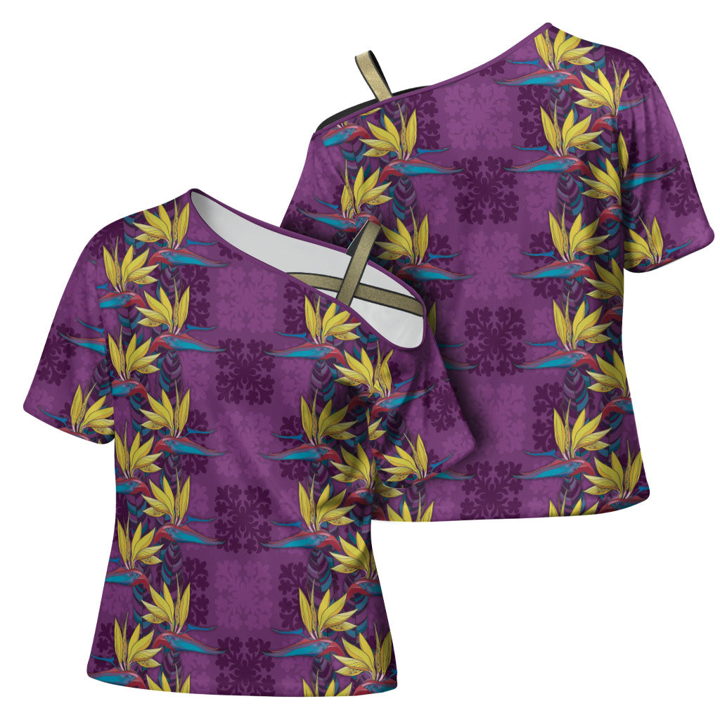Hawaii Waikiki King Cross Shoulder Shirt Purple Quilt With Pua Manu