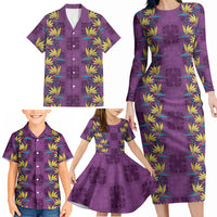 Hawaii Waikiki King Family Matching Long Sleeve Bodycon Dress and Hawaiian Shirt Purple Quilt With Pua Manu