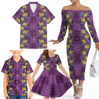 Hawaii Waikiki King Family Matching Off The Shoulder Long Sleeve Dress and Hawaiian Shirt Purple Quilt With Pua Manu