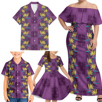 Hawaii Waikiki King Family Matching Off Shoulder Maxi Dress and Hawaiian Shirt Purple Quilt With Pua Manu