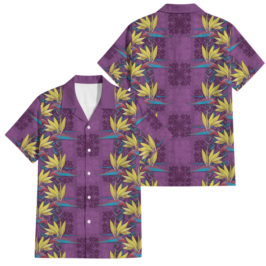 Hawaii Waikiki King Family Matching Off Shoulder Short Dress and Hawaiian Shirt Purple Quilt With Pua Manu