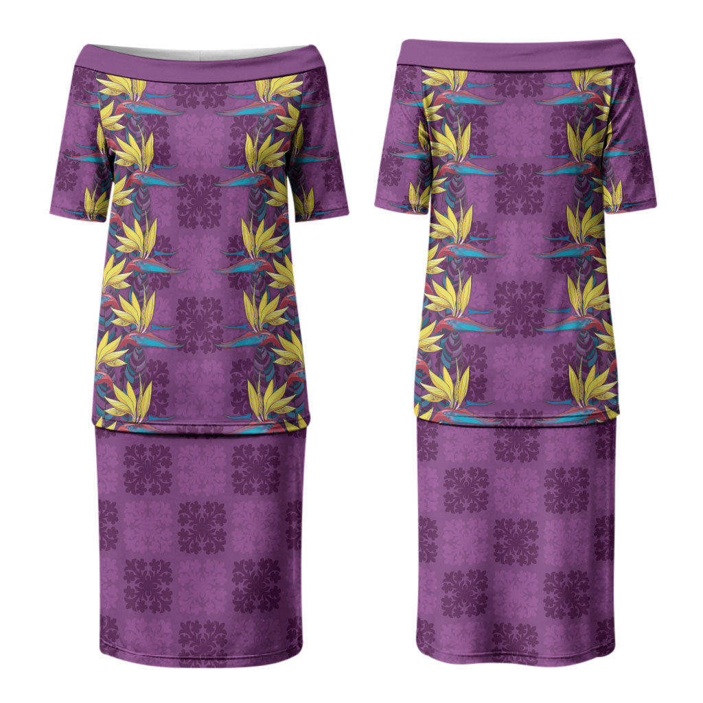 Hawaii Waikiki King Family Matching Puletasi and Hawaiian Shirt Purple Quilt With Pua Manu